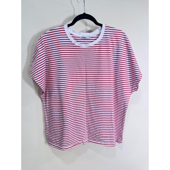 Zara Woman Red White Striped Short Sleeve T-Shirt Women's Large - Picture 1 of 5